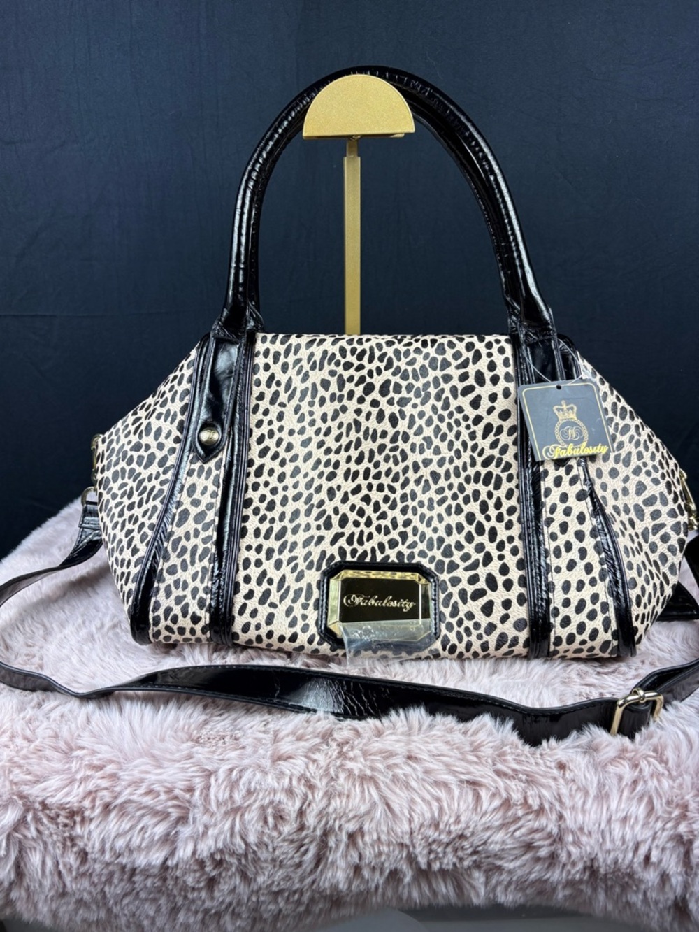 Fabulosity Cheetah Print Satchel Handbag - Black Patent Leather Trim Y2K Style